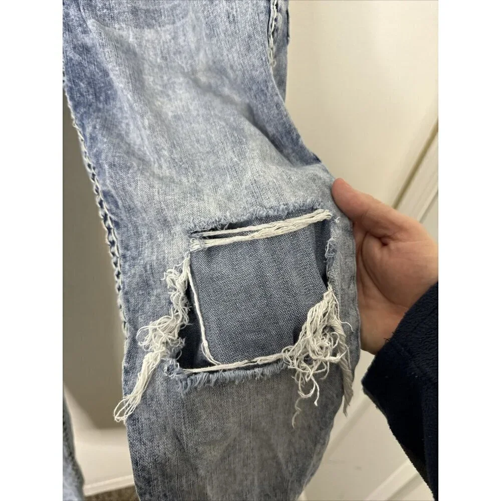 True Religion Men 30X33 Slim Blue Stitch Denim Jeans Stone Wash Distressed‎